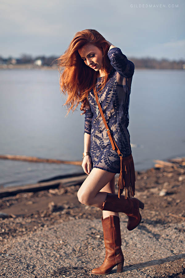 Blue embroidered dress, Frye Cowboy Boots and fringe! Love! 