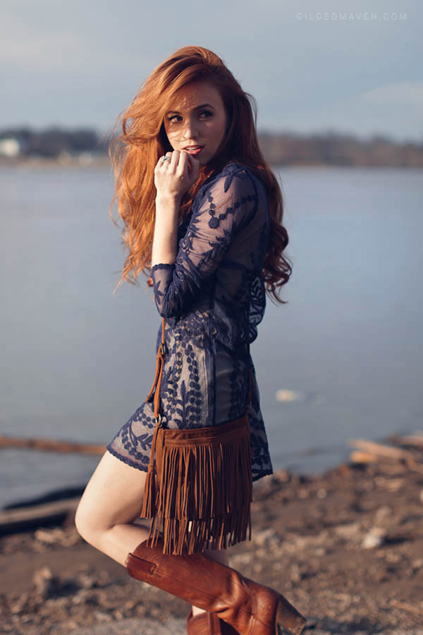 Blue embroidered dress, Frye Cowboy Boots and fringe! Love! 