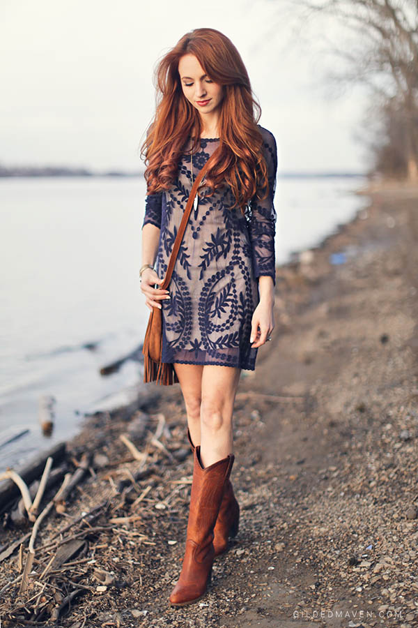 Blue embroidered dress, Frye Cowboy Boots and fringe! Love! 